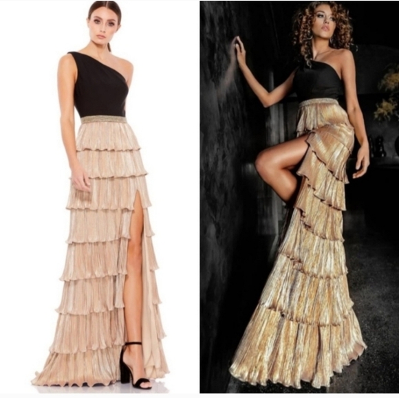 Mac Duggal Dresses & Skirts - Mac Duggal Ieena Gold & Black One Shoulder Tiered Ruffle Maxi Gown